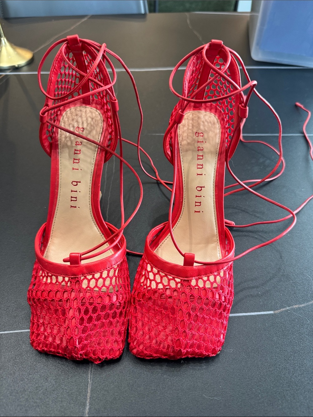 Gianni Bini Red Lace-Up Mesh Square-Toe Heels